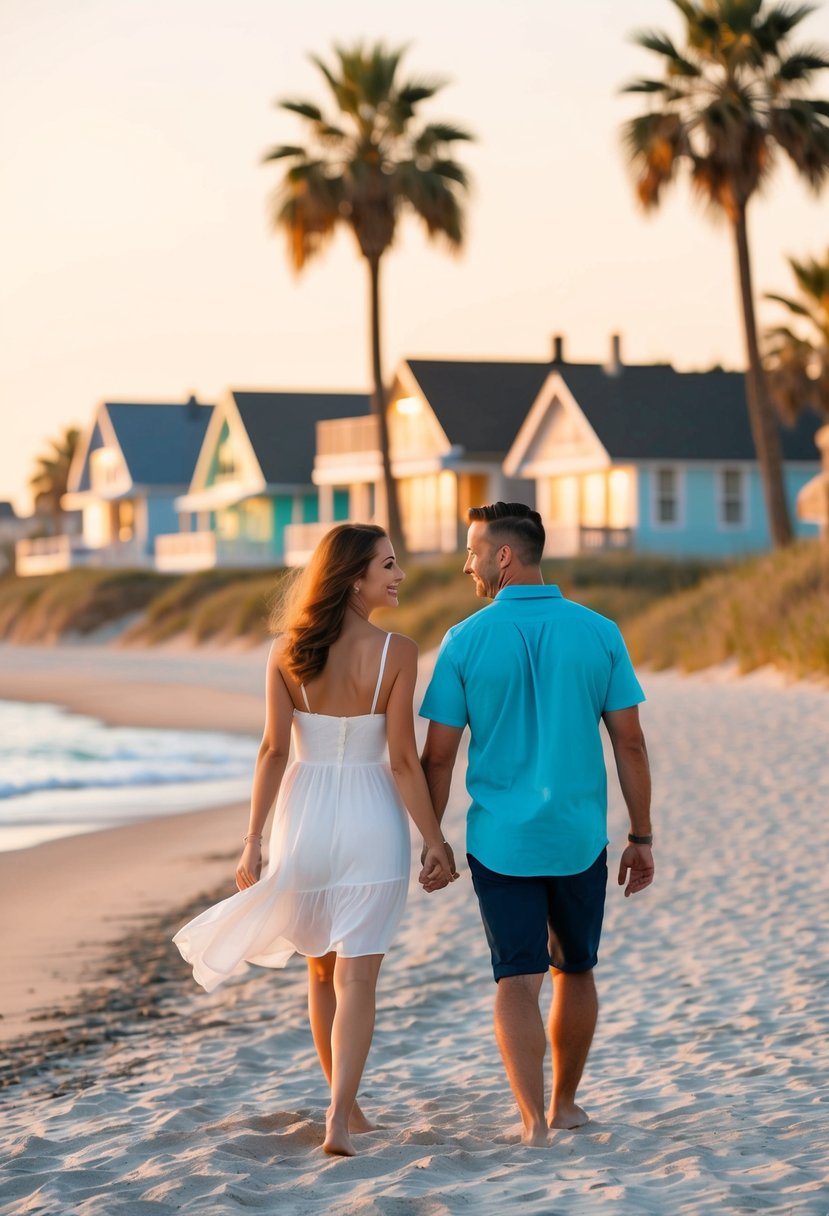 A couple strolling along the sandy beach at sunset with palm trees and colorful beach houses in the background