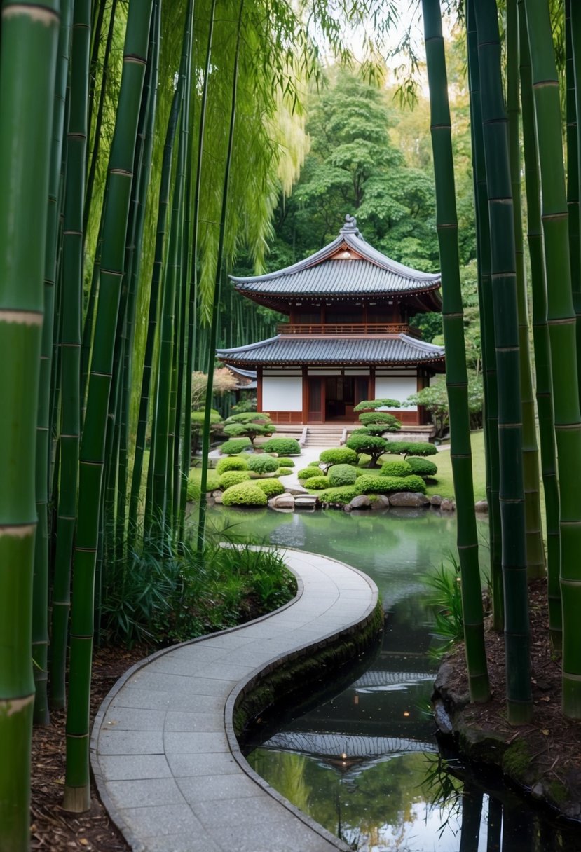 A serene bamboo forest with a winding path leading to a traditional Japanese tea house nestled among the trees, with a tranquil pond reflecting the surrounding greenery