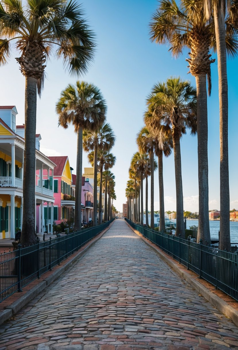A scenic view of Charleston's historic streets and waterfront, with colorful buildings and palm trees lining the cobblestone roads