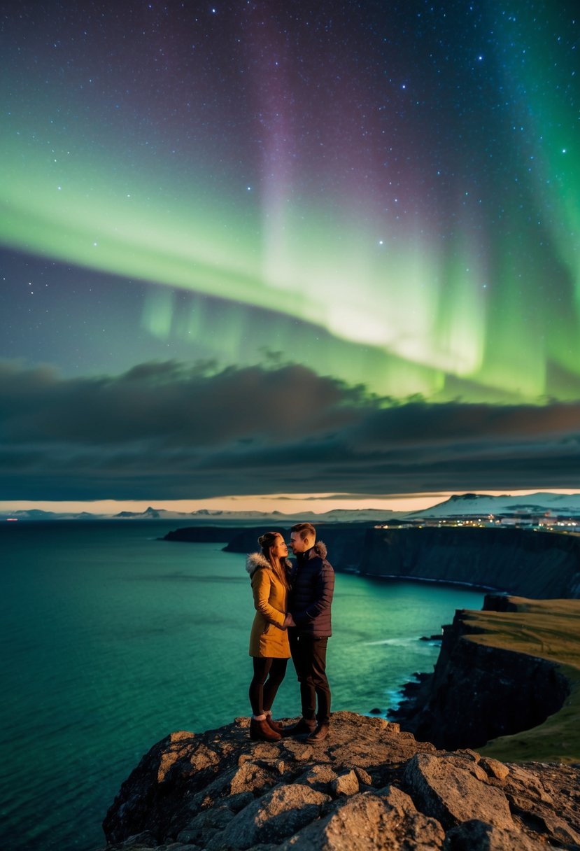 A couple stands atop a cliff overlooking the rugged coastline of Reykjavik, Iceland, with the Northern Lights dancing in the sky above