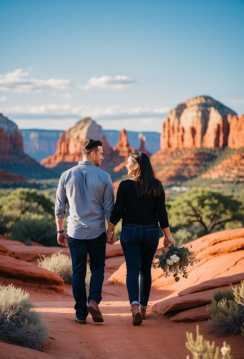 A couple walks hand in hand through the red rock formations of Sedona, Arizona, with a backdrop of stunning desert landscapes and clear blue skies