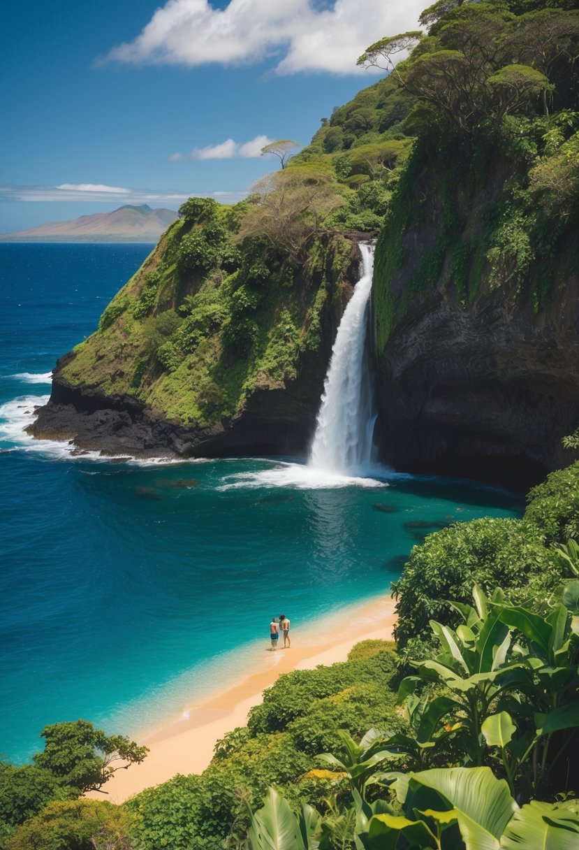 A couple explores a lush jungle with waterfalls and volcanic landscapes, surrounded by the blue waters and golden beaches of Maui, Hawaii