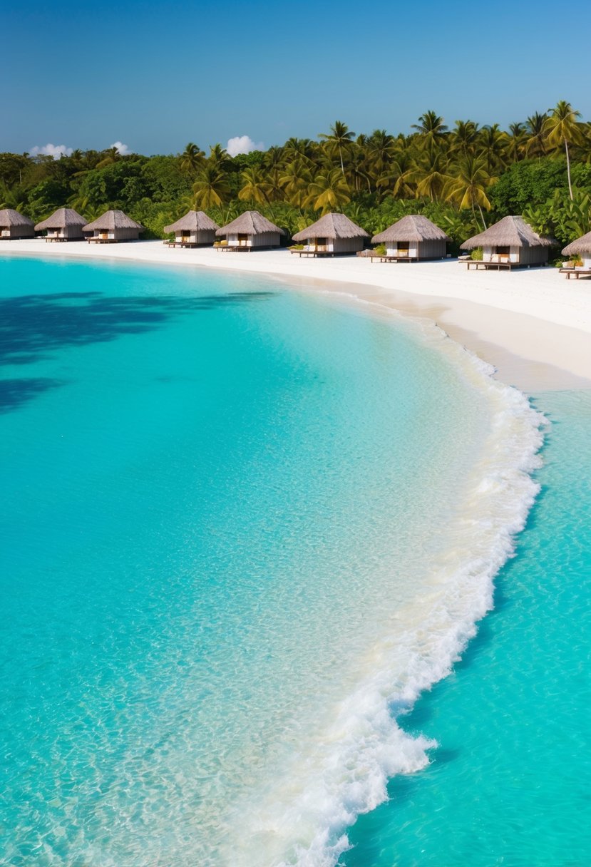 Crystal-clear turquoise waters lapping against white sandy beaches, surrounded by lush greenery and overwater bungalows under a clear blue sky