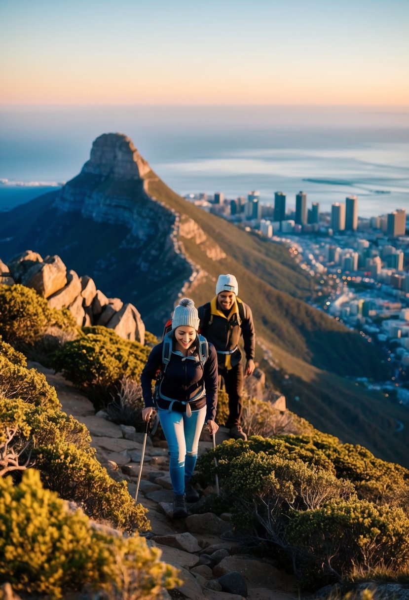 A couple hiking along Table Mountain overlooking the city and coastline of Cape Town, South Africa