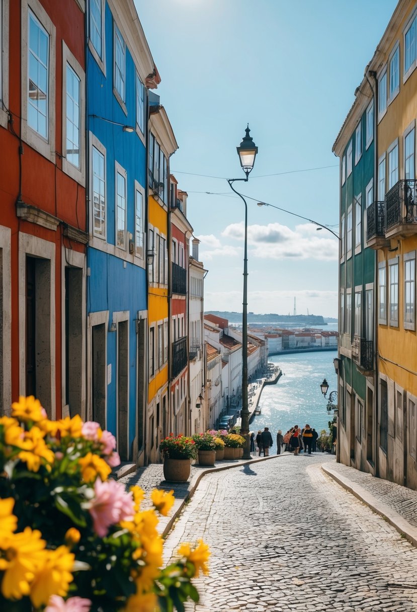 A sunny afternoon in Lisbon, with colorful buildings lining the cobblestone streets, blooming flowers, and a view of the Tagus River