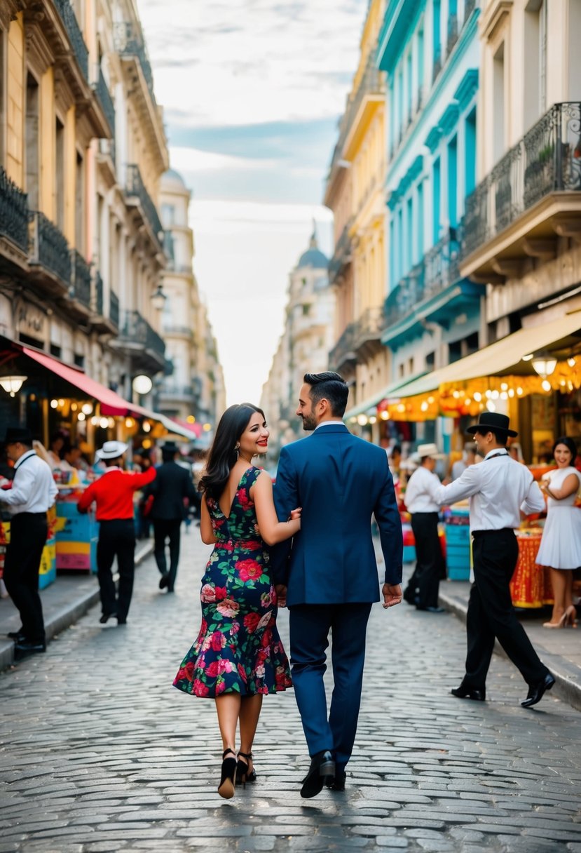 A couple strolling through the vibrant streets of Buenos Aires, with colorful buildings, bustling markets, and tango dancers performing on the cobblestone streets