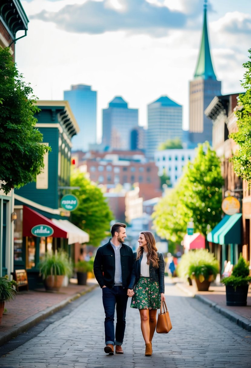 A couple strolling through Portland's charming streets, surrounded by lush greenery and quirky shops, with the iconic skyline in the background