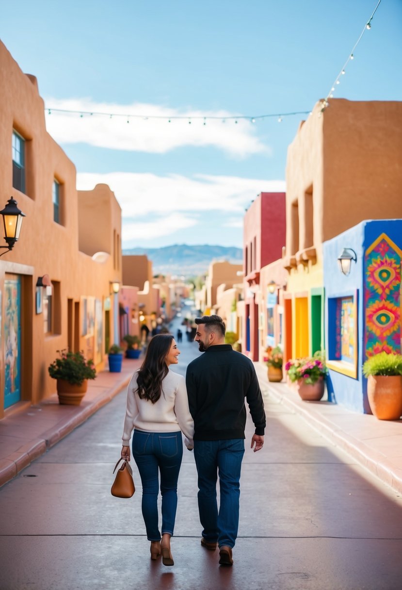 A couple strolling through the colorful streets of Santa Fe, with adobe buildings, vibrant art, and a clear blue sky overhead