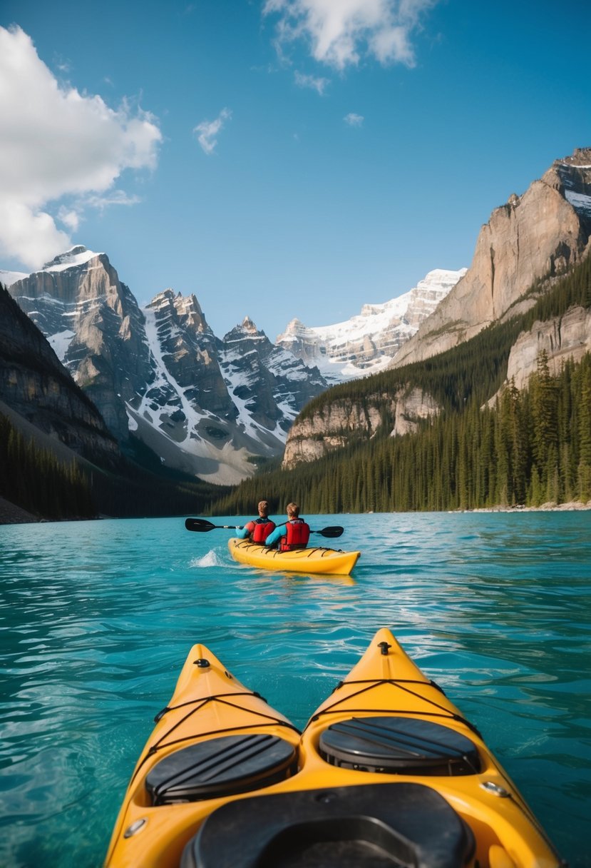 A couple kayaking on the turquoise waters of Moraine Lake, surrounded by towering snow-capped mountains and lush pine forests in Banff, Canada