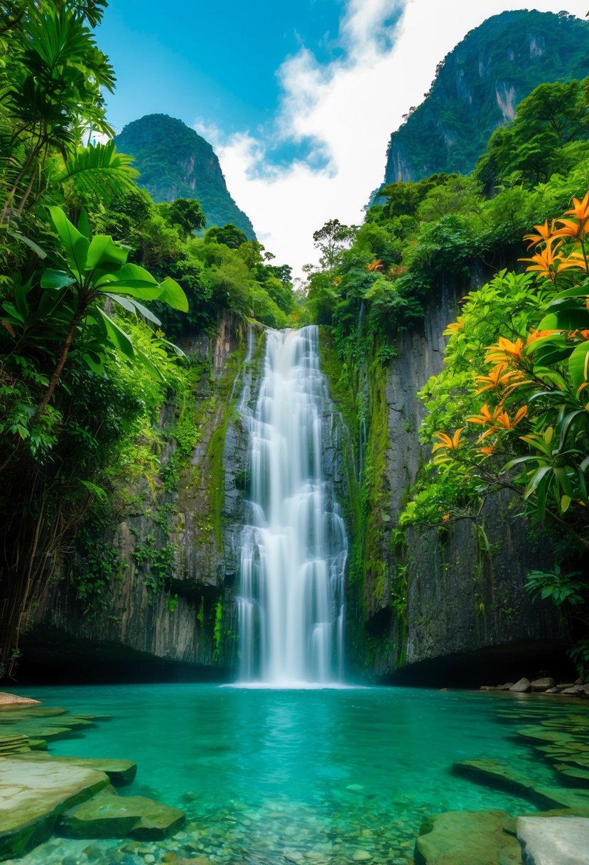 A lush jungle waterfall cascades into a crystal-clear pool, surrounded by towering mountains and vibrant tropical flora in Chiang Mai, Thailand