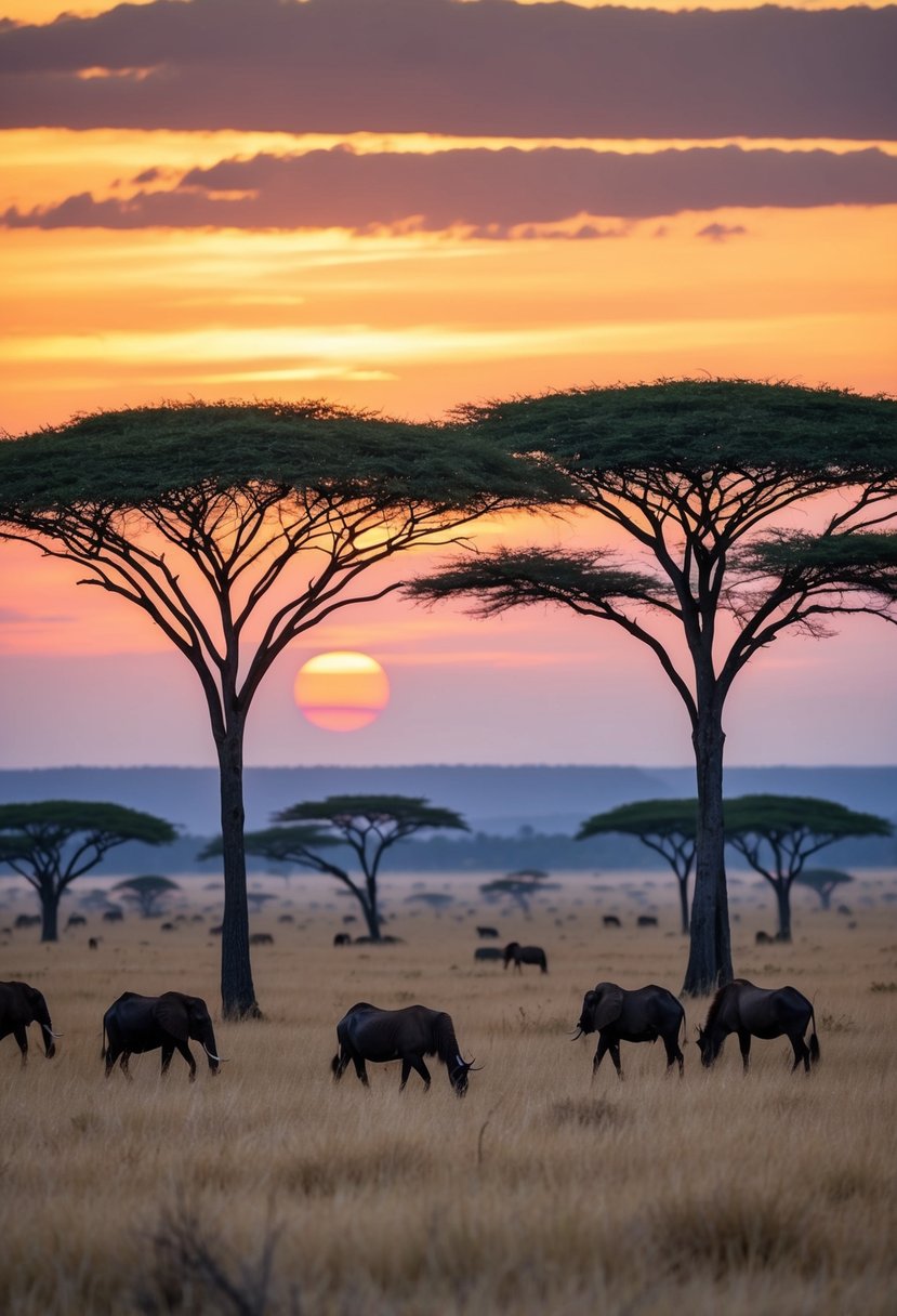 Vast savannah with acacia trees, grazing animals, and a colorful sunset over the Serengeti, Tanzania