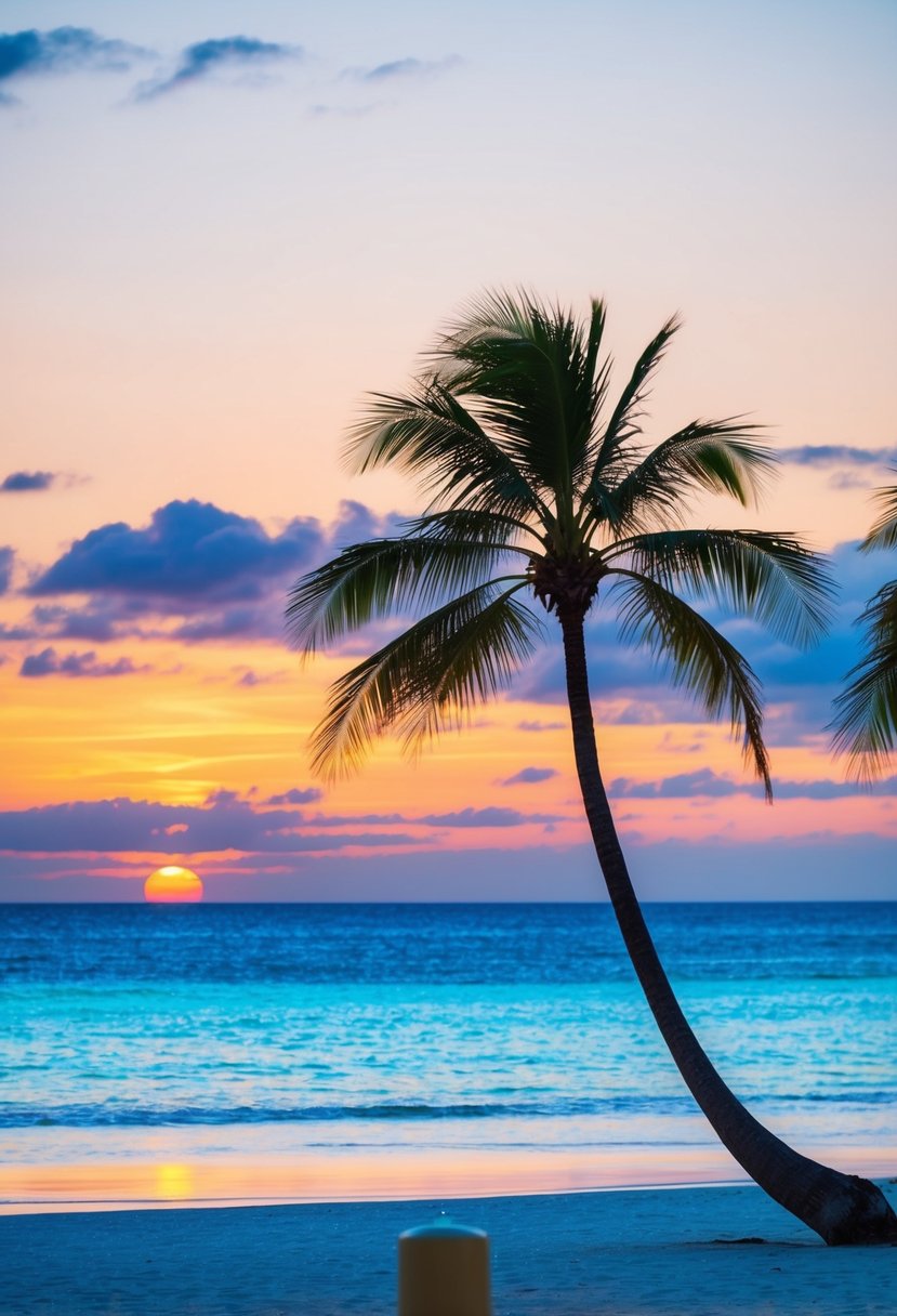A serene beach with crystal-clear waters, palm trees, and a colorful sunset over the horizon
