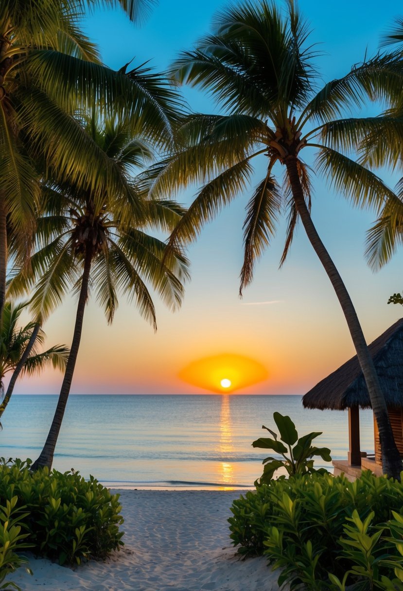 A serene beach at sunset, with palm trees, clear blue waters, and a traditional Balinese hut nestled among lush greenery