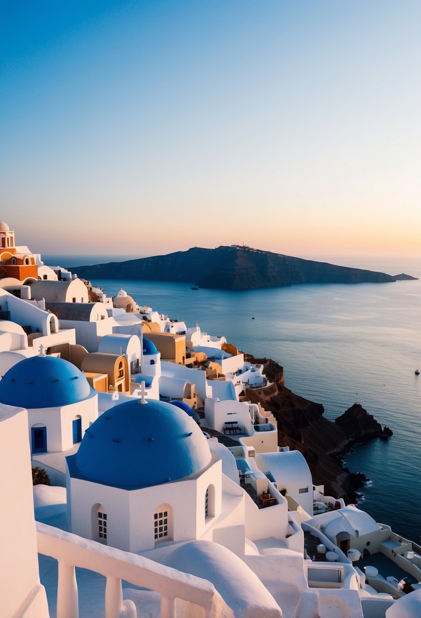 Whitewashed buildings with blue domes overlook the crystal-clear waters of Santorini, while the sun sets behind the picturesque island