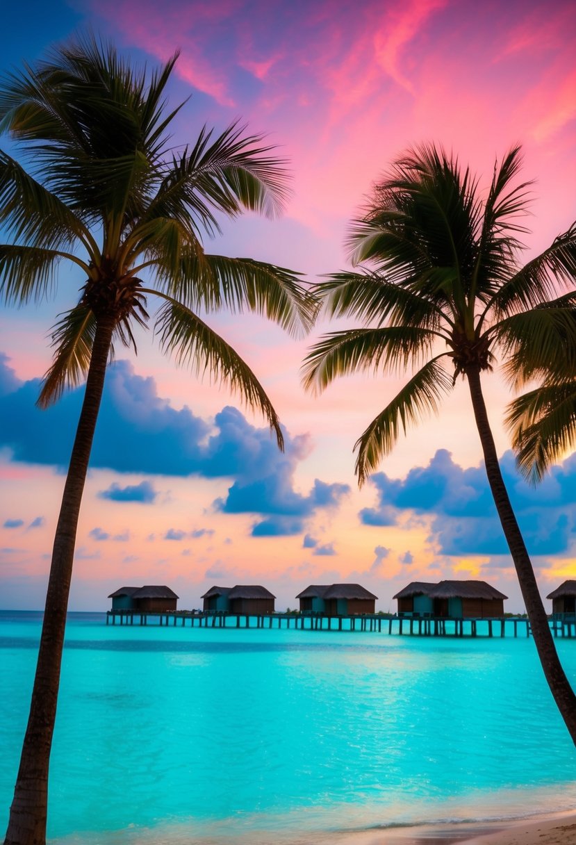 A serene beach with palm trees, crystal-clear turquoise water, and overwater bungalows in the distance, set against a vibrant sunset sky in the Maldives