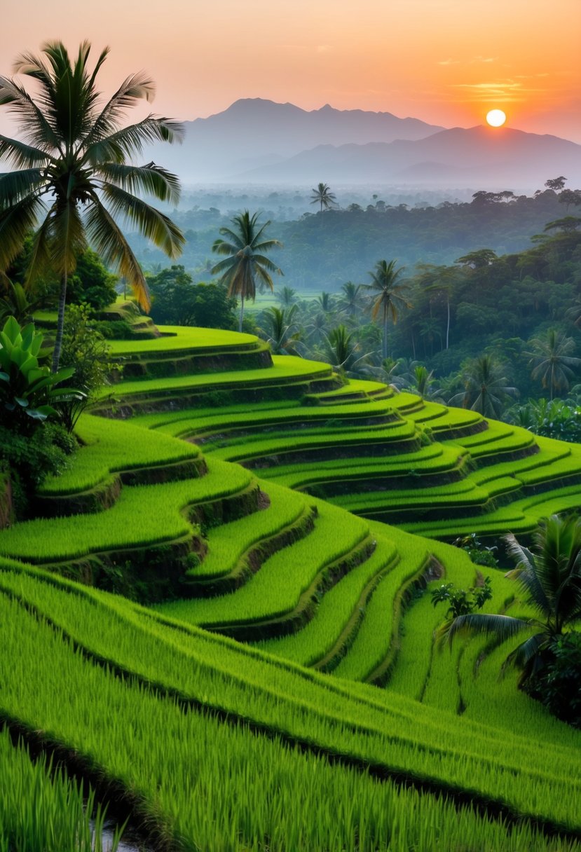 Lush green rice terraces cascade down the hills, surrounded by palm trees and tropical foliage. The sun sets behind the distant mountains, casting a warm glow over the tranquil landscape