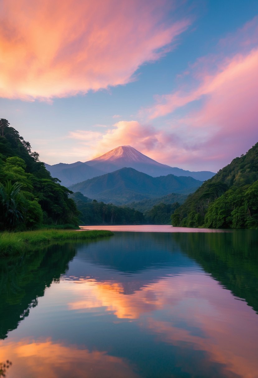 A serene Mount Batur at sunrise, with the sky turning shades of pink and orange, surrounded by lush greenery and a tranquil lake
