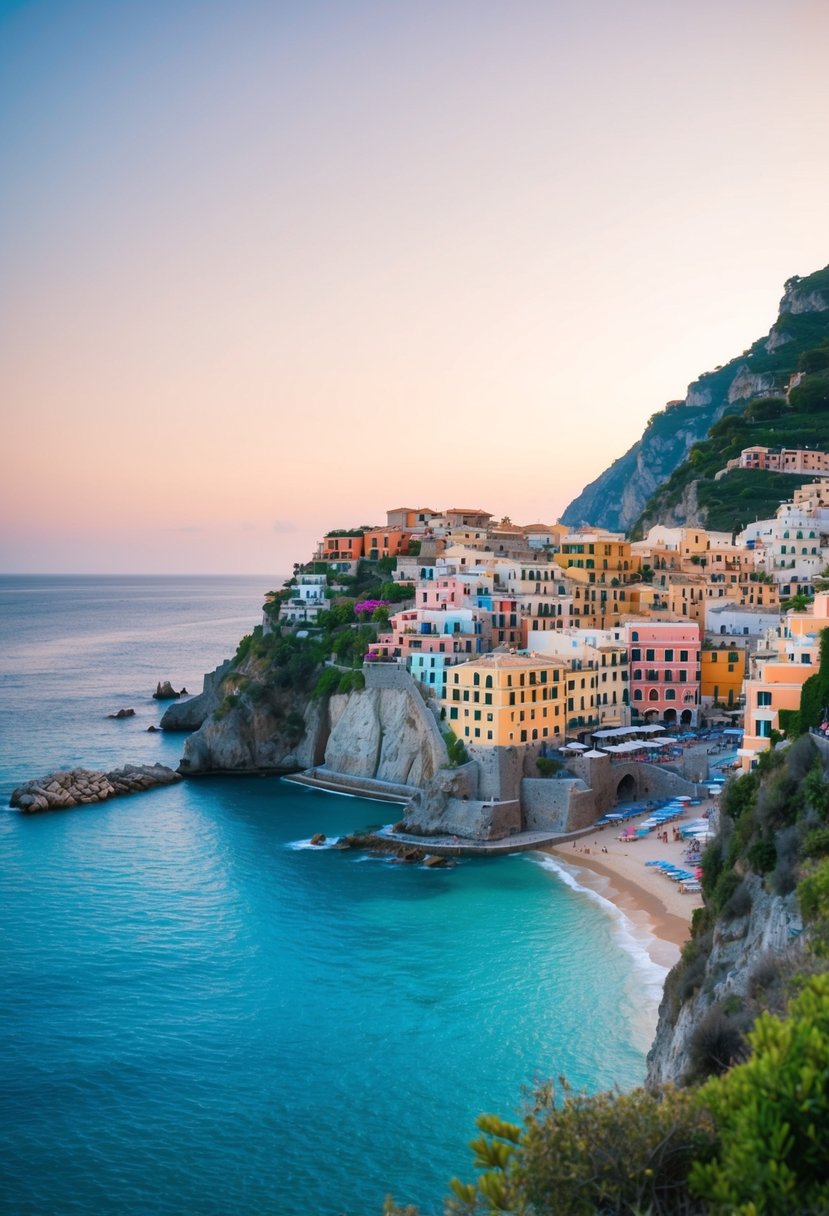 A serene beach with colorful houses perched on cliffs overlooking the turquoise waters of the Amalfi Coast in Italy