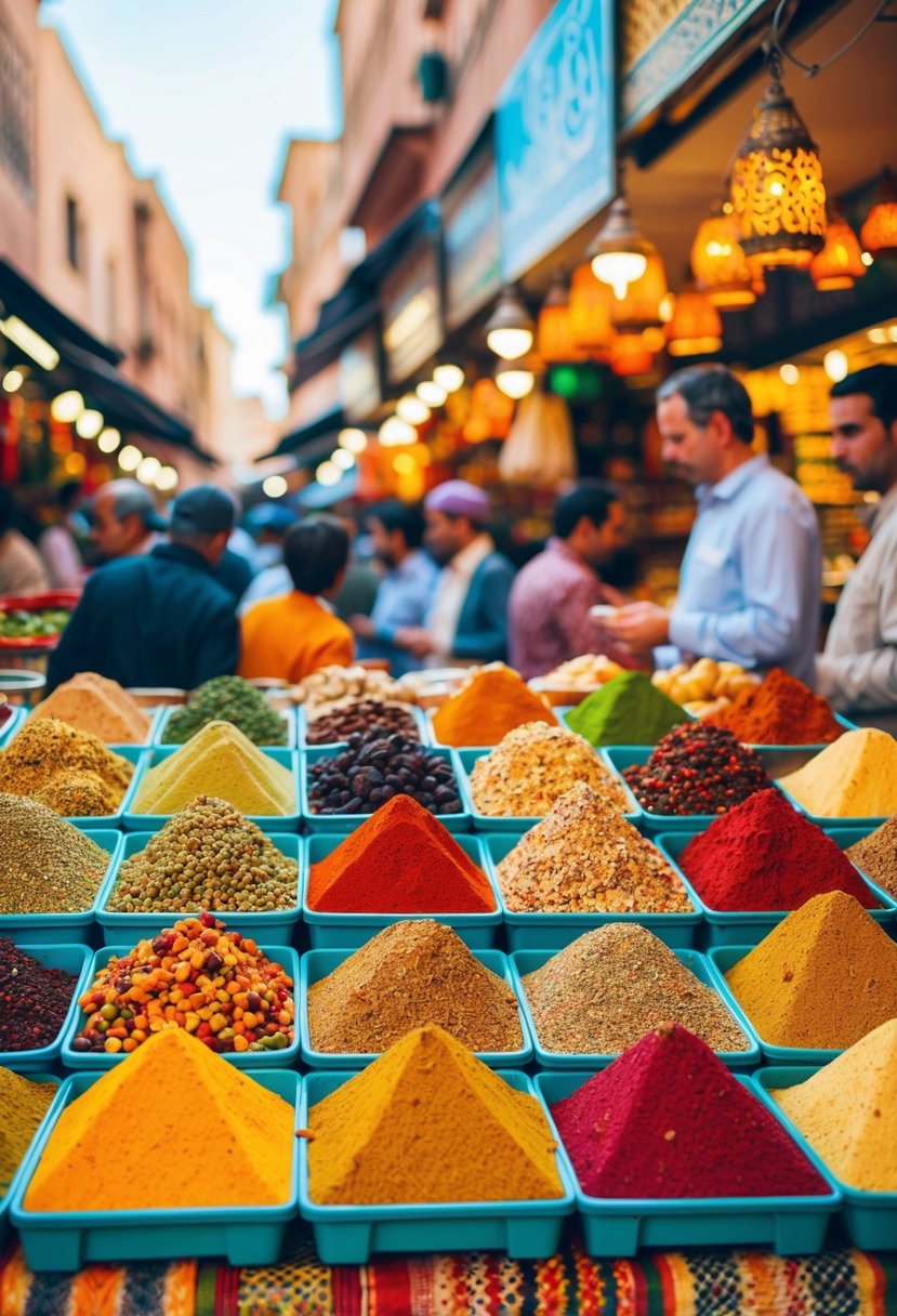 A bustling market in Marrakech, with vibrant colors, intricate patterns, and exotic spices on display