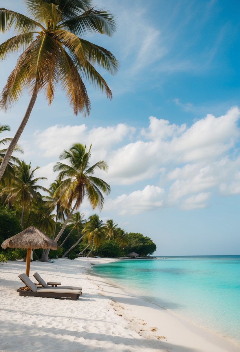 A secluded beach with white sand, crystal-clear turquoise water, and lush palm trees lining the shore. A couple of lounge chairs and a small beach hut add to the romantic atmosphere