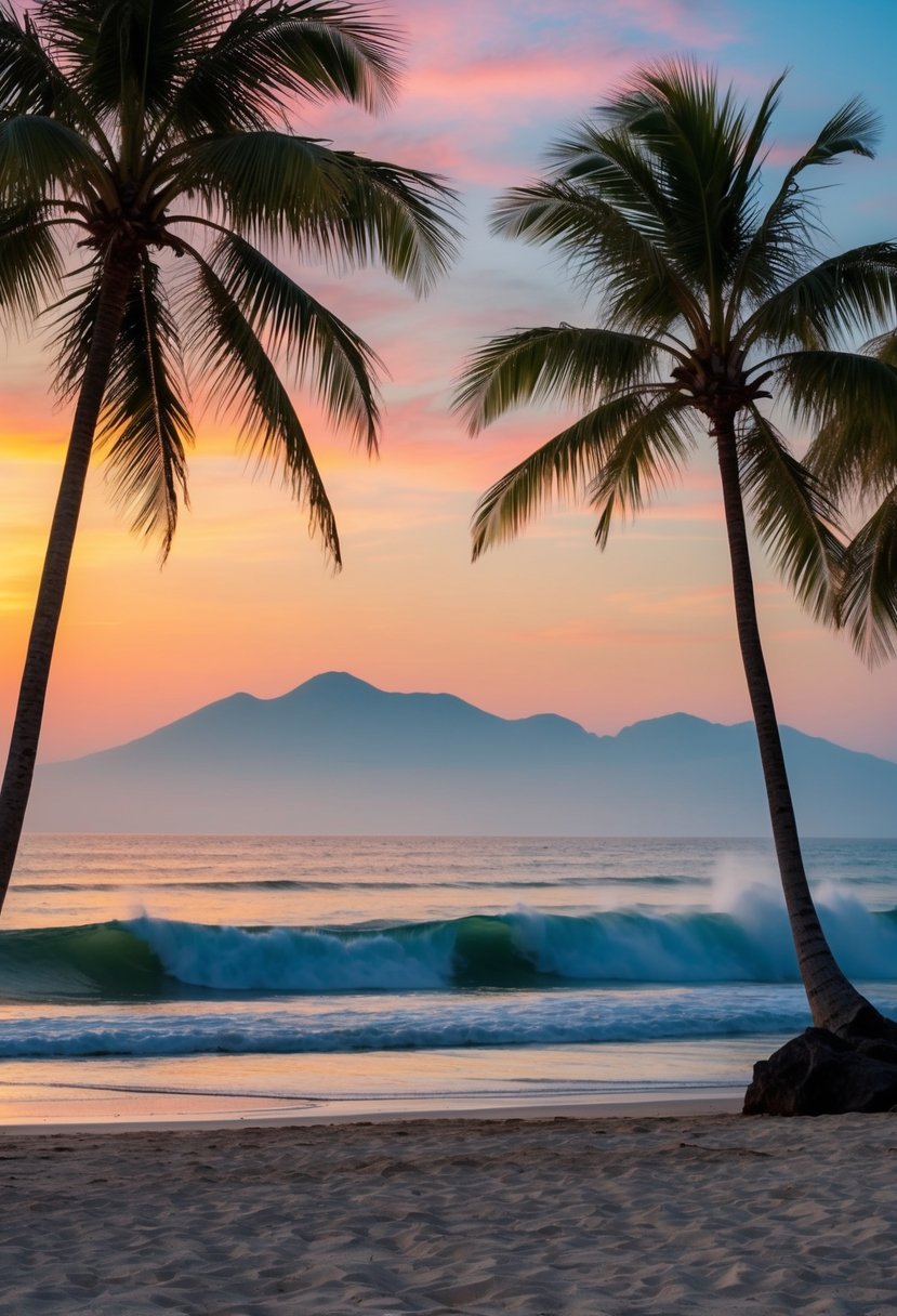 A tranquil beach at sunset with palm trees, a colorful sky, and calm waves crashing on the shore in Bali, Indonesia