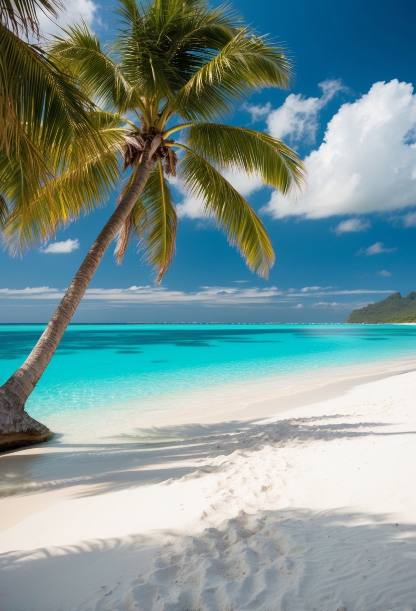 Crystal clear turquoise waters lap against the powdery white sand beach of Bora Bora, with lush green palm trees swaying in the gentle breeze