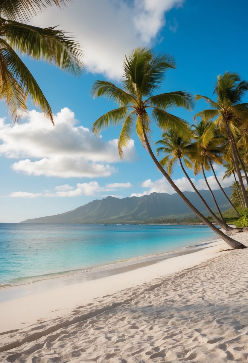 A serene beach at Maui, Hawaii with clear blue waters, white sandy shores, and lush green palm trees lining the coastline