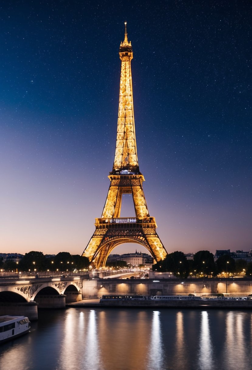 A romantic evening in Paris, with the Eiffel Tower illuminated against a starry sky, reflecting in the Seine River