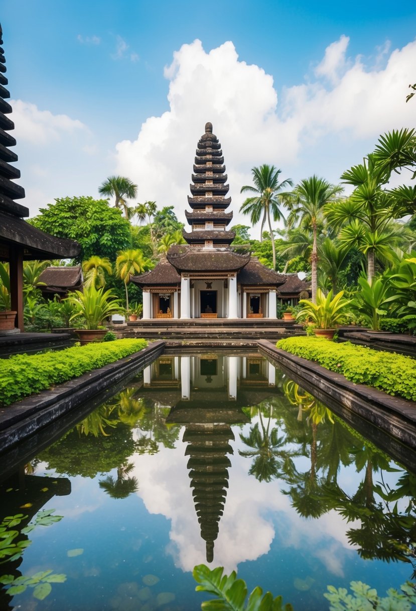 A serene temple pond surrounded by lush greenery and traditional Balinese architecture
