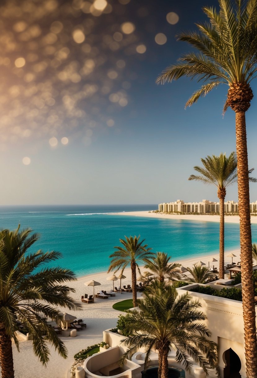 A luxurious desert resort with elegant architecture and palm trees, overlooking the sparkling waters of the Persian Gulf in Dubai, UAE