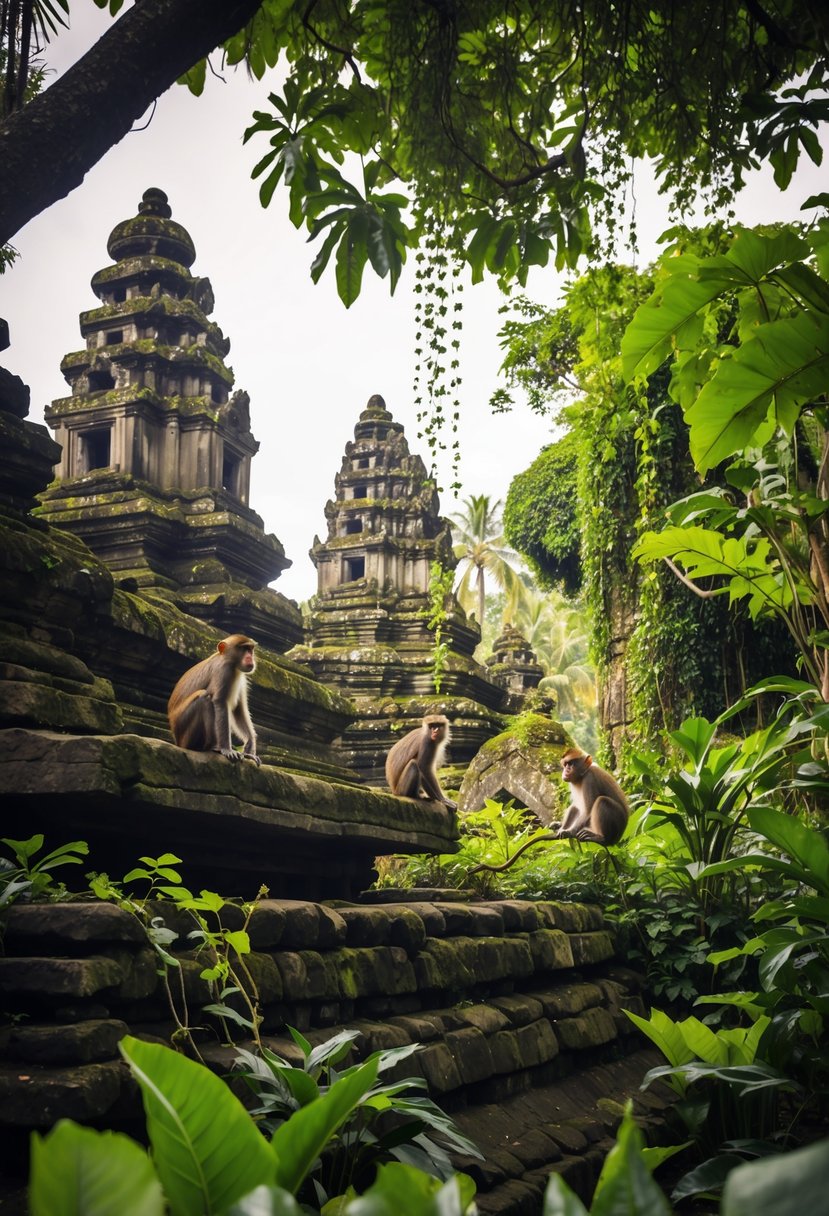 Lush jungle with hanging vines, ancient stone temples, and mischievous monkeys in Ubud Monkey Forest, Bali