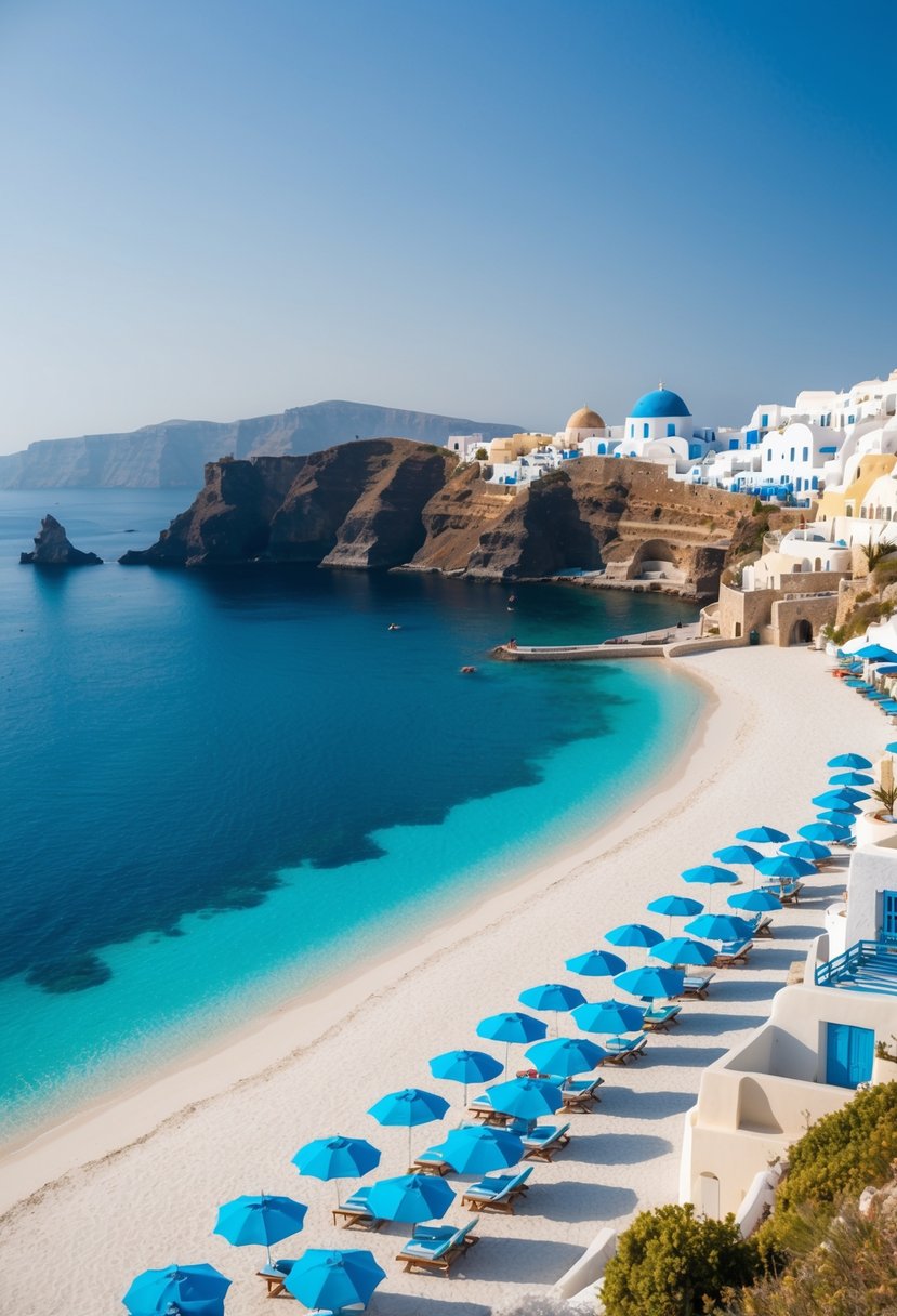 A serene beach in Santorini, Greece with crystal-clear turquoise waters, white sand, and colorful umbrellas dotting the shoreline. The iconic blue-domed buildings and stunning cliffs complete the picturesque setting
