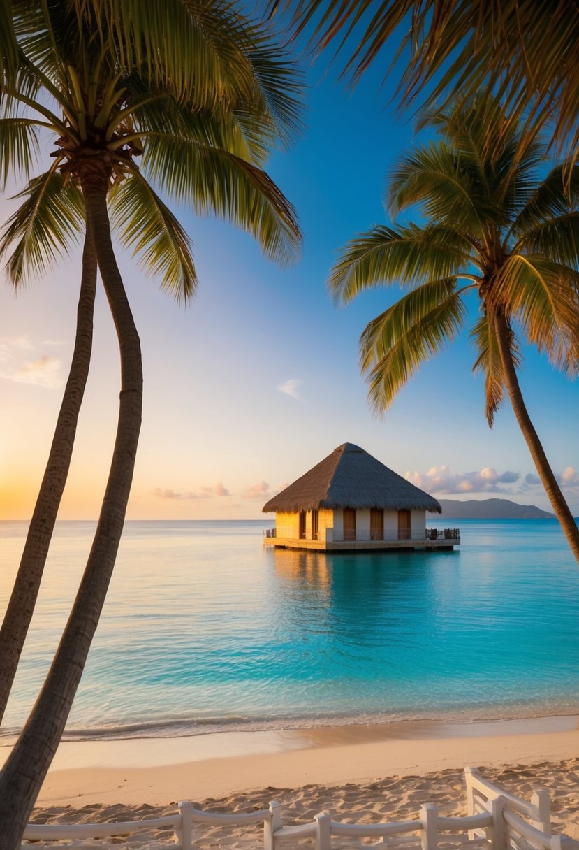 A serene beach at sunset, with palm trees and a traditional arabic-style honeymoon villa overlooking the crystal-clear waters of the Seychelles