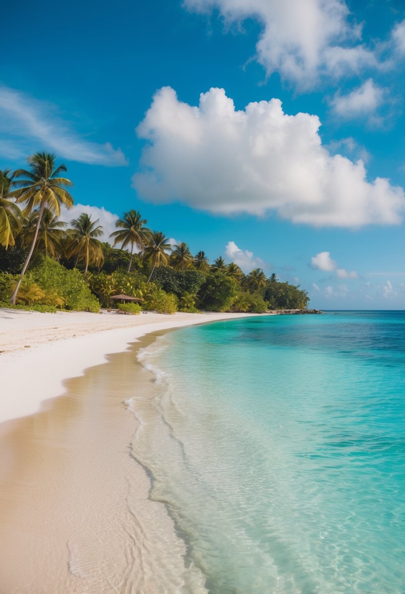 A secluded beach with crystal-clear turquoise waters and white sandy shores, surrounded by lush tropical greenery and palm trees