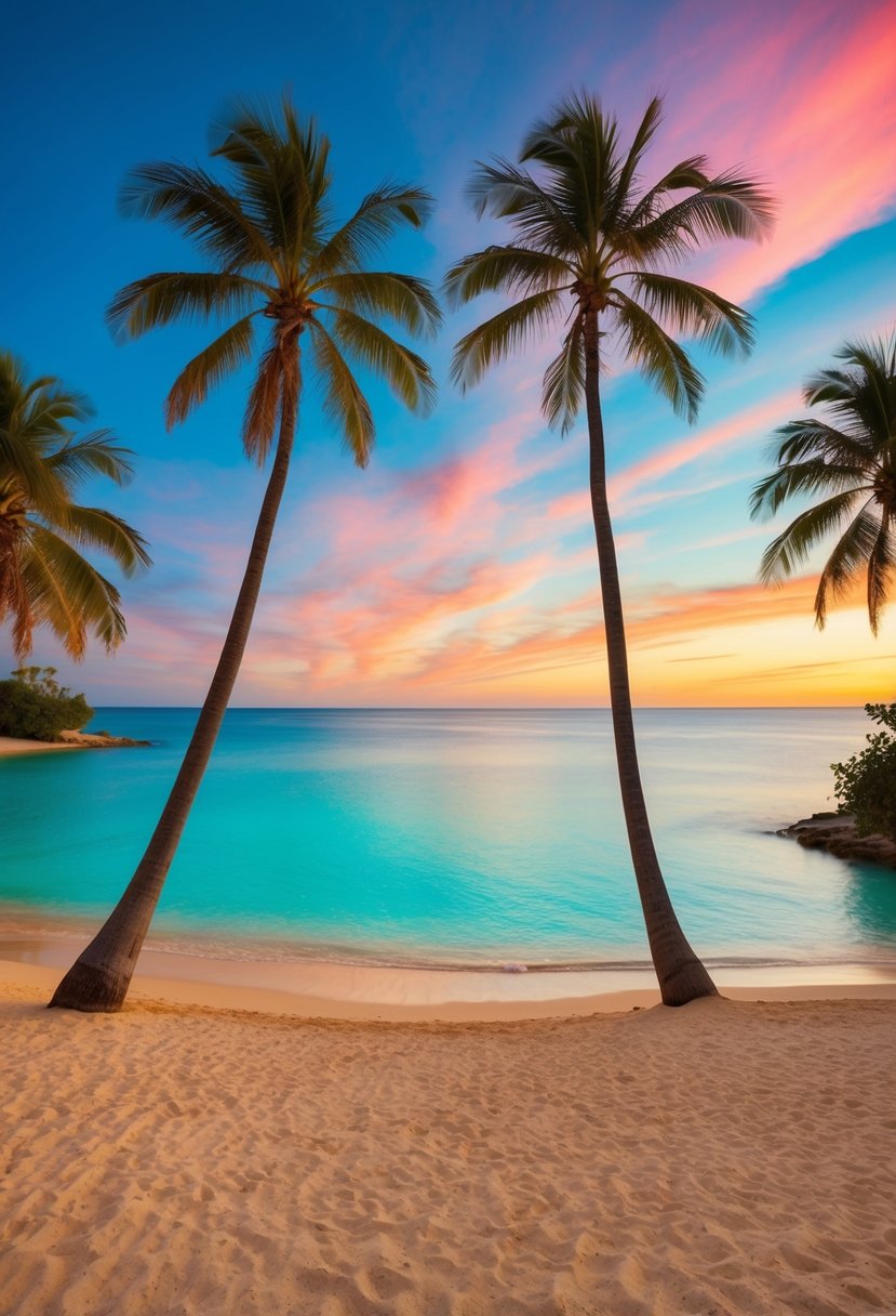 A serene beach with crystal clear water, palm trees, and golden sand, set against a colorful sunset sky