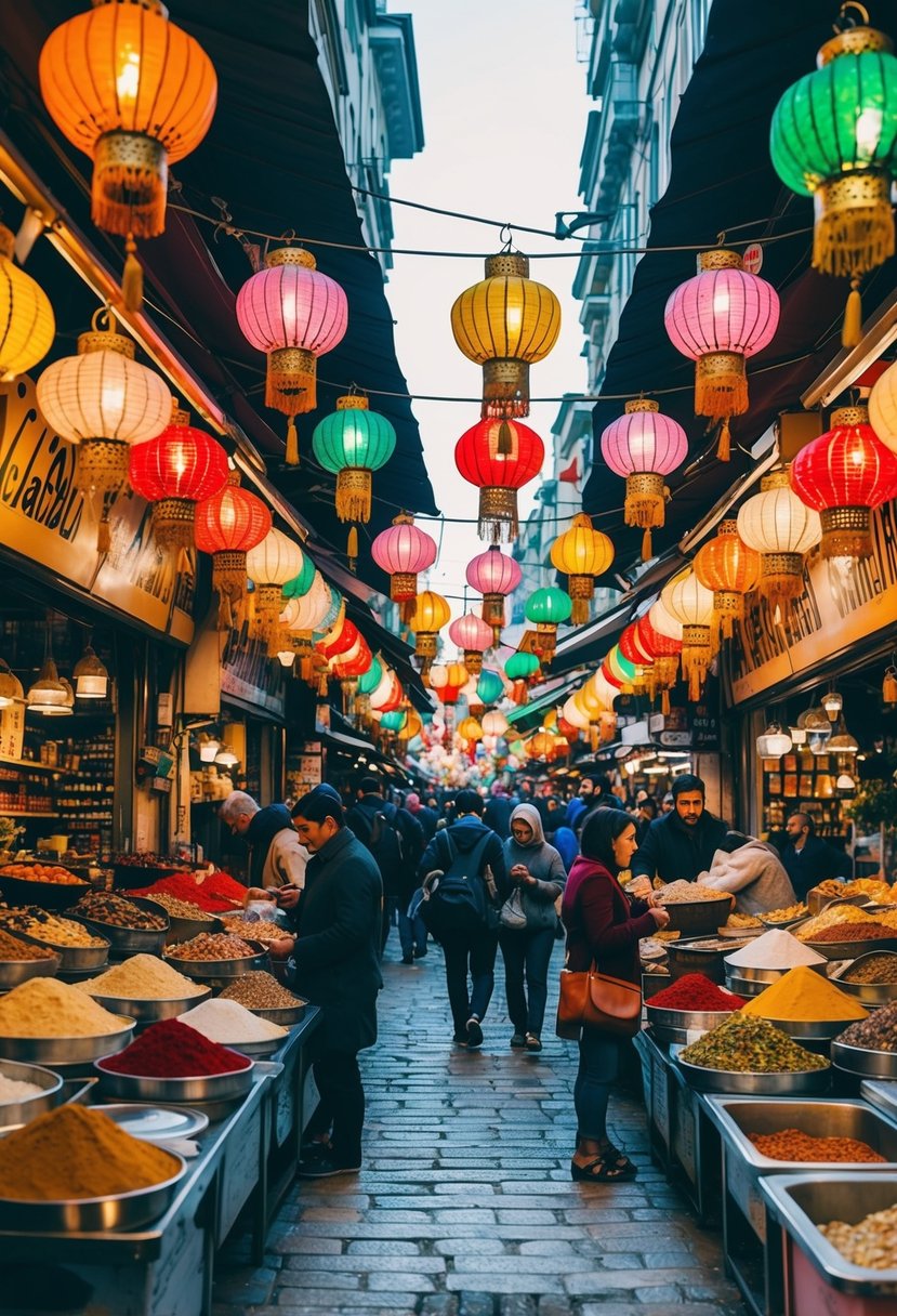 A bustling Istanbul street market with colorful lanterns and exotic spices