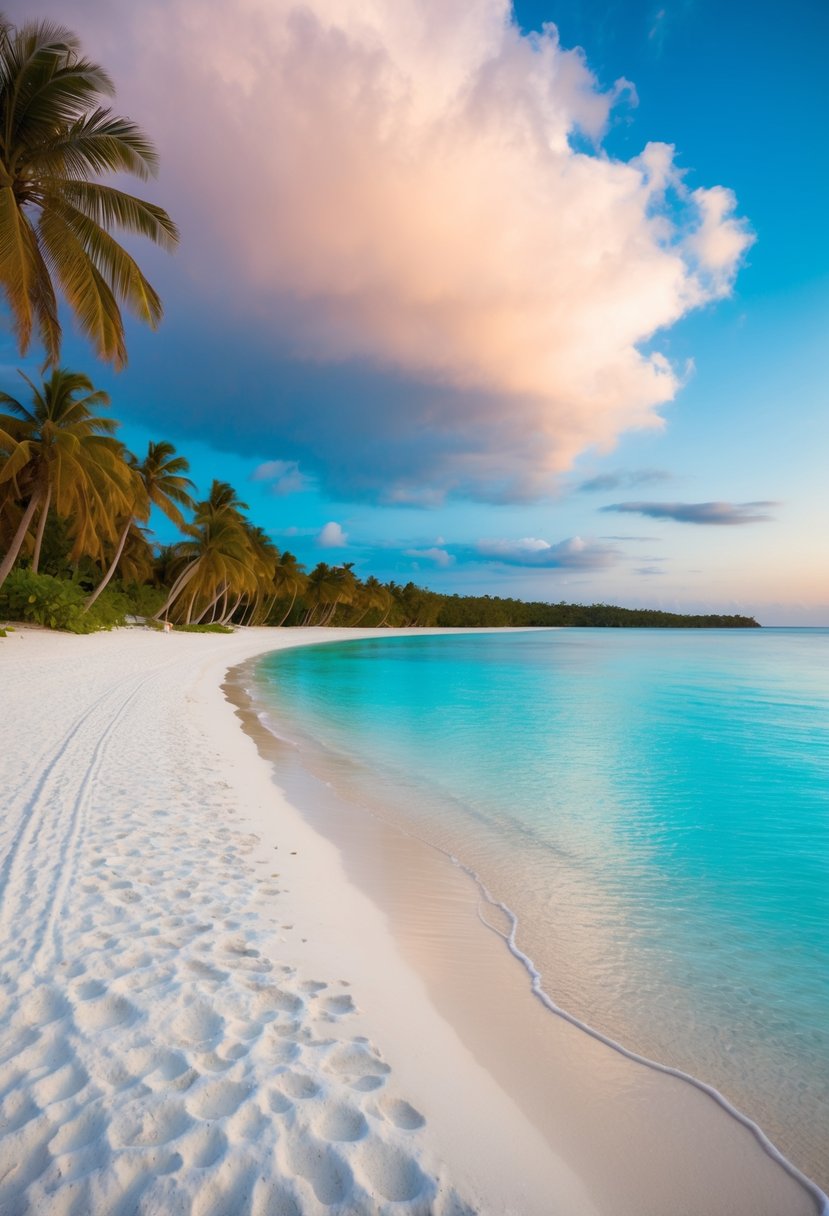 Pristine white sand beach with crystal clear turquoise waters, palm trees lining the shore, and a colorful sunset in the distance