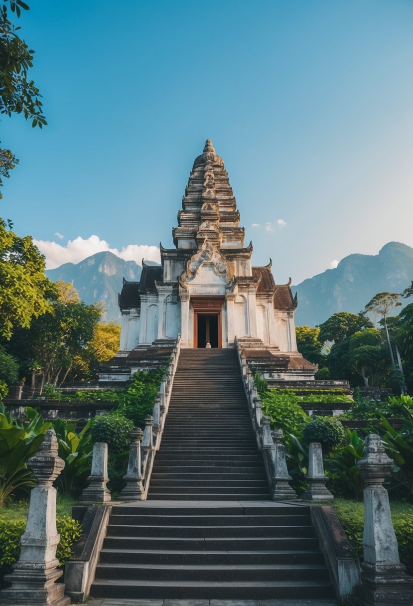 A serene, ancient temple nestled among lush greenery, with a grand staircase leading up to its entrance, set against a backdrop of clear blue skies and towering mountains