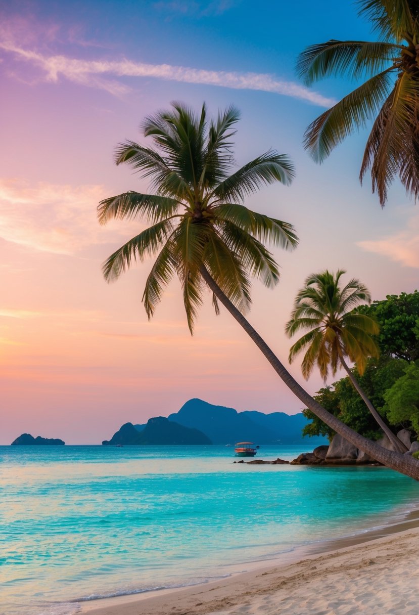 A serene beach in Phuket, Thailand with palm trees, crystal clear waters, and a vibrant sunset