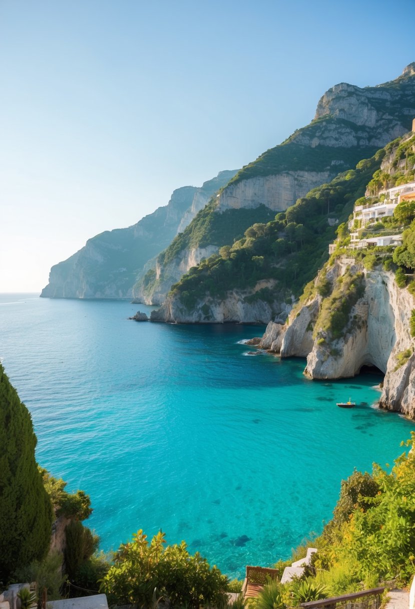 A secluded cove with crystal-clear turquoise waters, surrounded by dramatic cliffs and lush greenery, on the Amalfi Coast, Italy