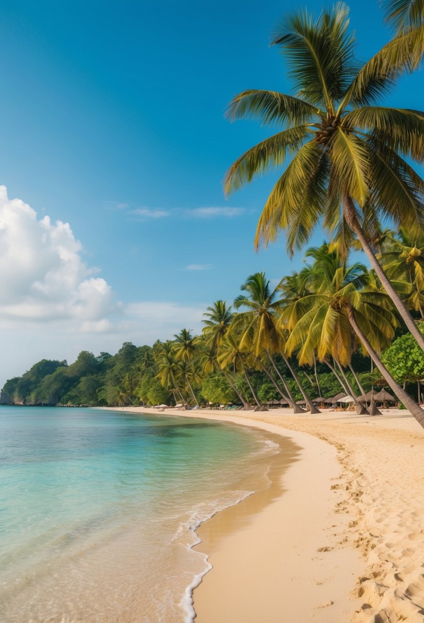 A serene beach in Bali, Indonesia with golden sand, clear turquoise water, and lush green palm trees lining the shore