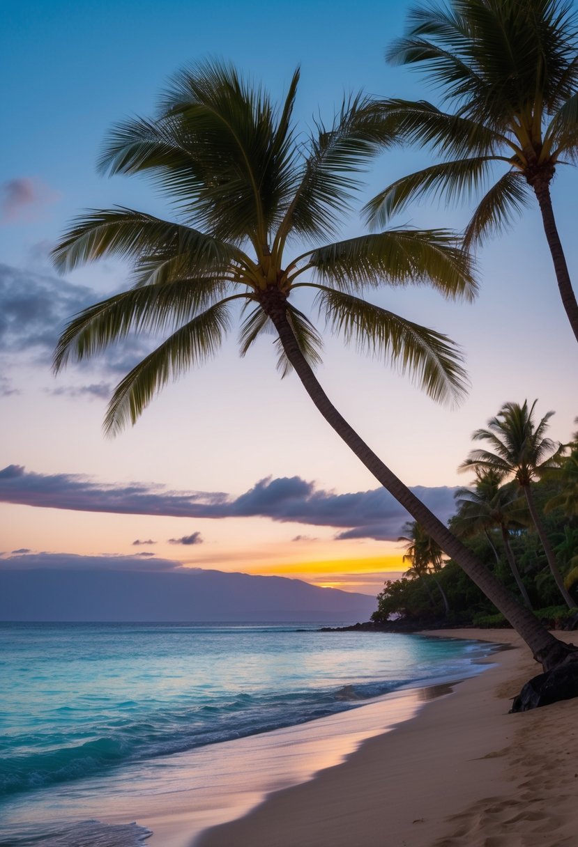 A serene beach with palm trees, crystal clear waters, and a colorful sunset on the horizon in Maui, Hawaii
