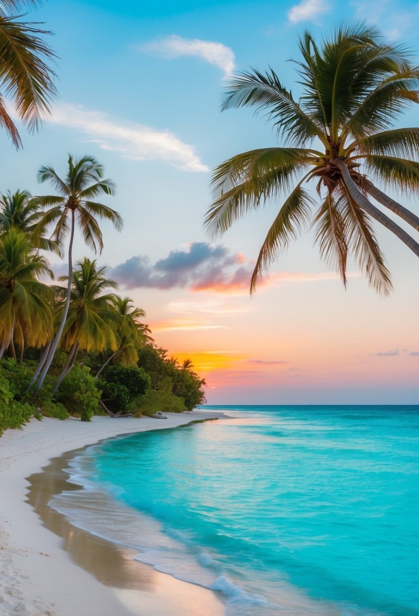A serene beach with crystal-clear turquoise water, white sandy shores, lush palm trees, and a colorful sunset over the horizon