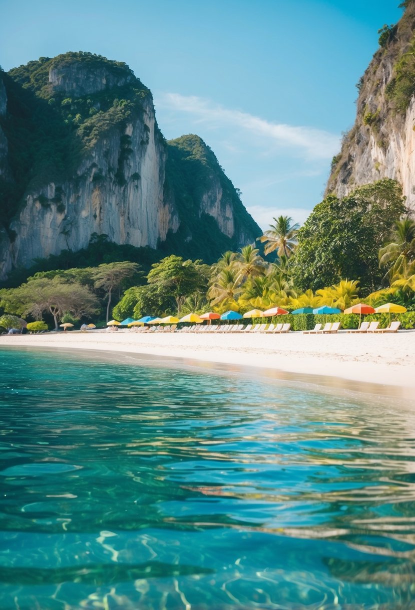 A serene beach with crystal-clear water, white sand, and lush greenery, surrounded by towering cliffs and colorful umbrellas