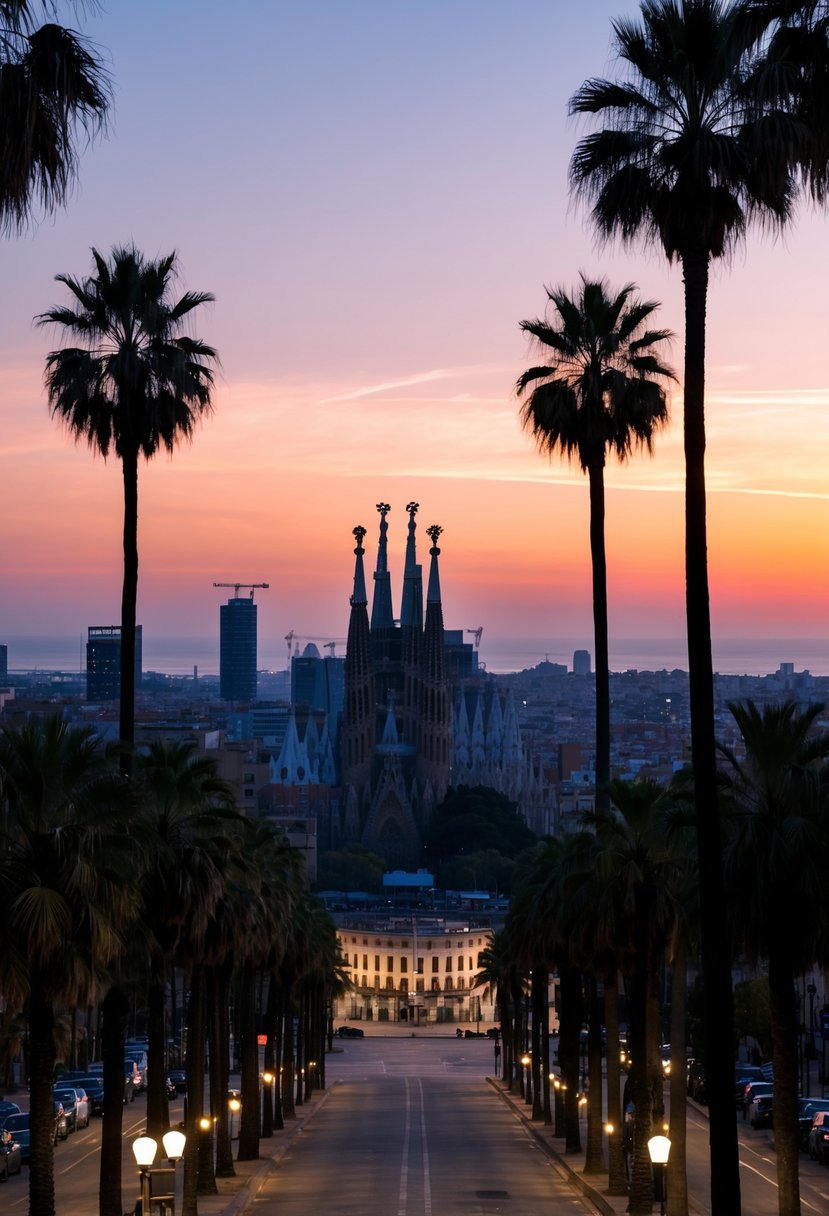 A sunset over Barcelona's iconic skyline, with the silhouette of the Sagrada Familia and palm trees lining the streets