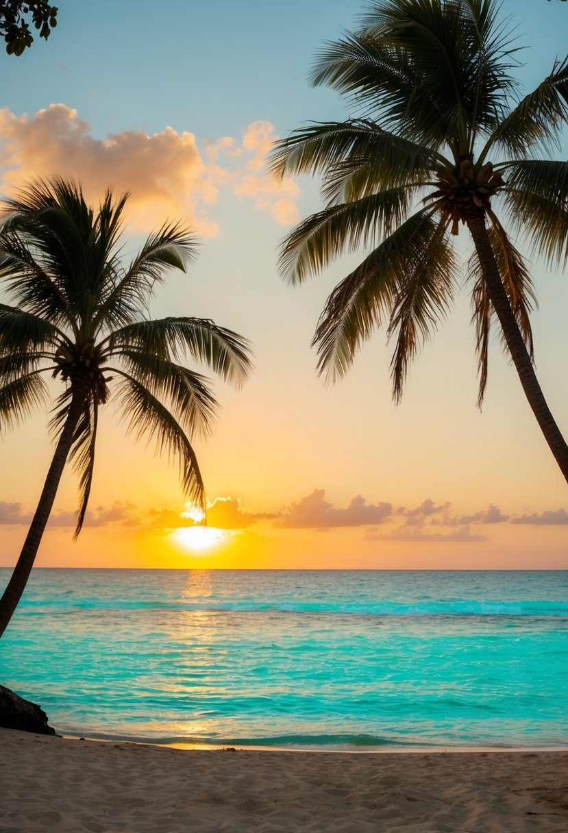 A secluded beach with crystal clear turquoise water, palm trees swaying in the gentle breeze, and a golden sunset painting the sky