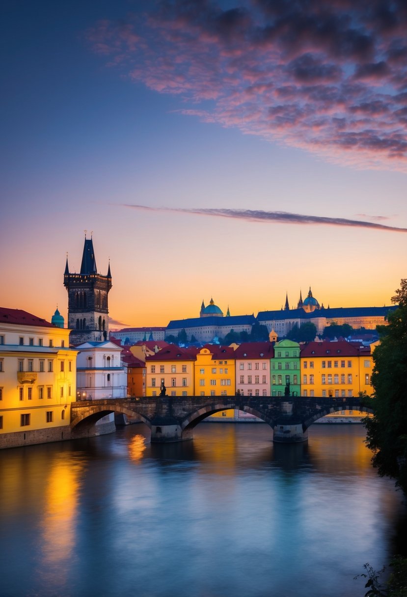 A tranquil evening in Prague, with the iconic Charles Bridge and colorful buildings lining the Vltava River