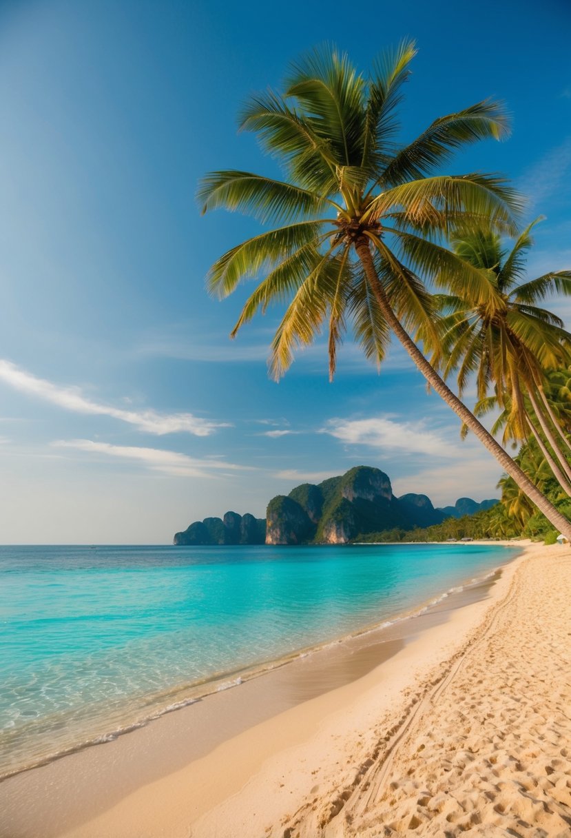 A serene beach with crystal-clear turquoise waters, palm trees swaying in the gentle breeze, and golden sand stretching for miles along the coast of Phuket, Thailand