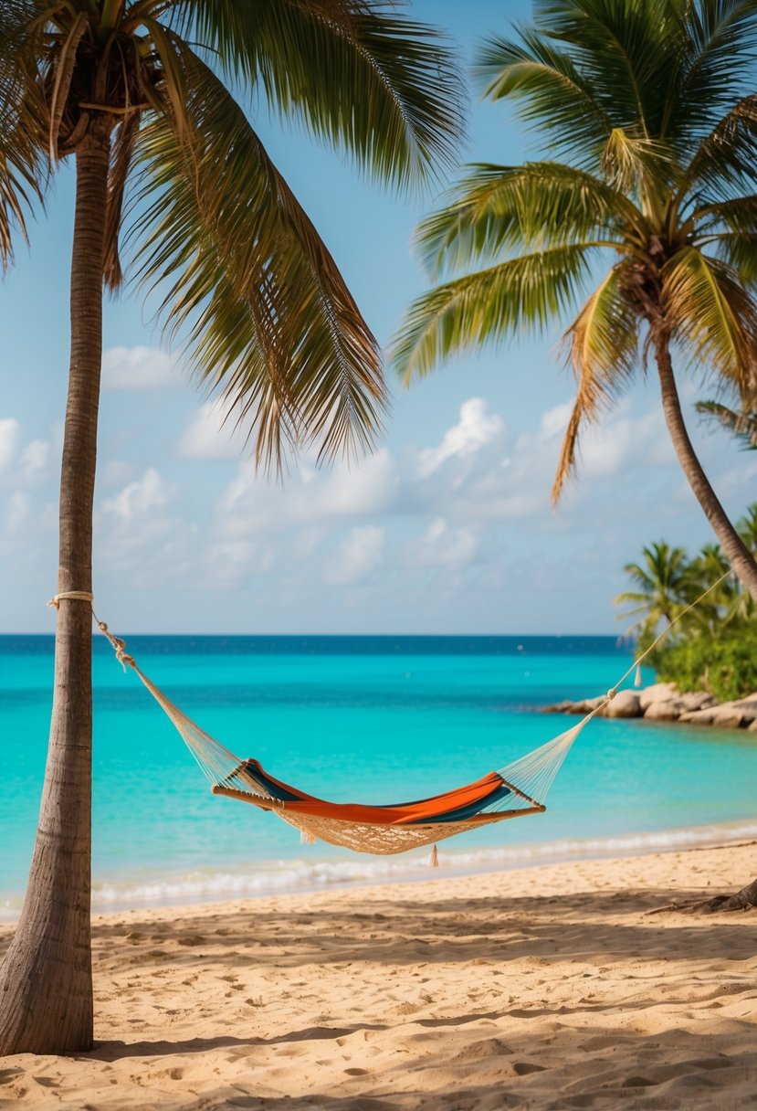 A secluded beach with turquoise waters, palm trees, and golden sand. A couple's hammock sways in the gentle breeze