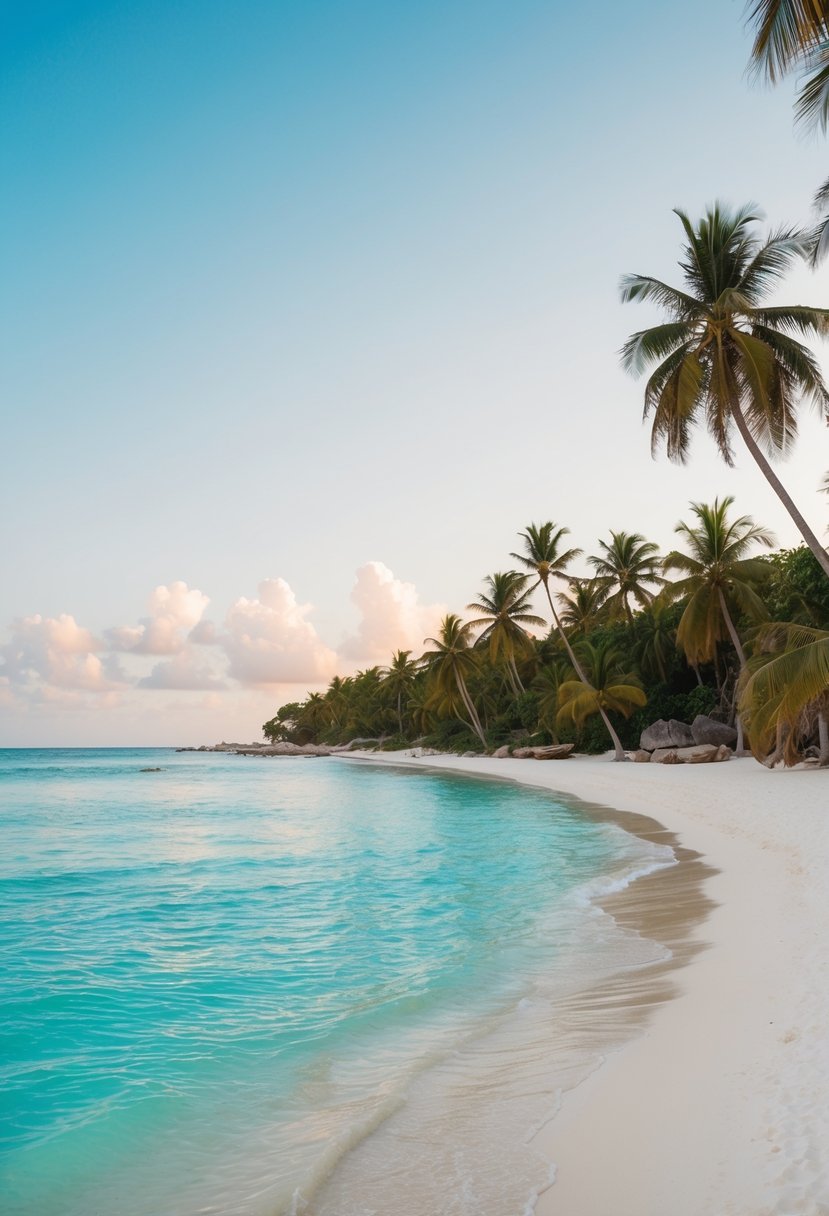A serene beach in Tulum, Mexico with crystal-clear turquoise waters, white sandy shores, and lush palm trees lining the coast